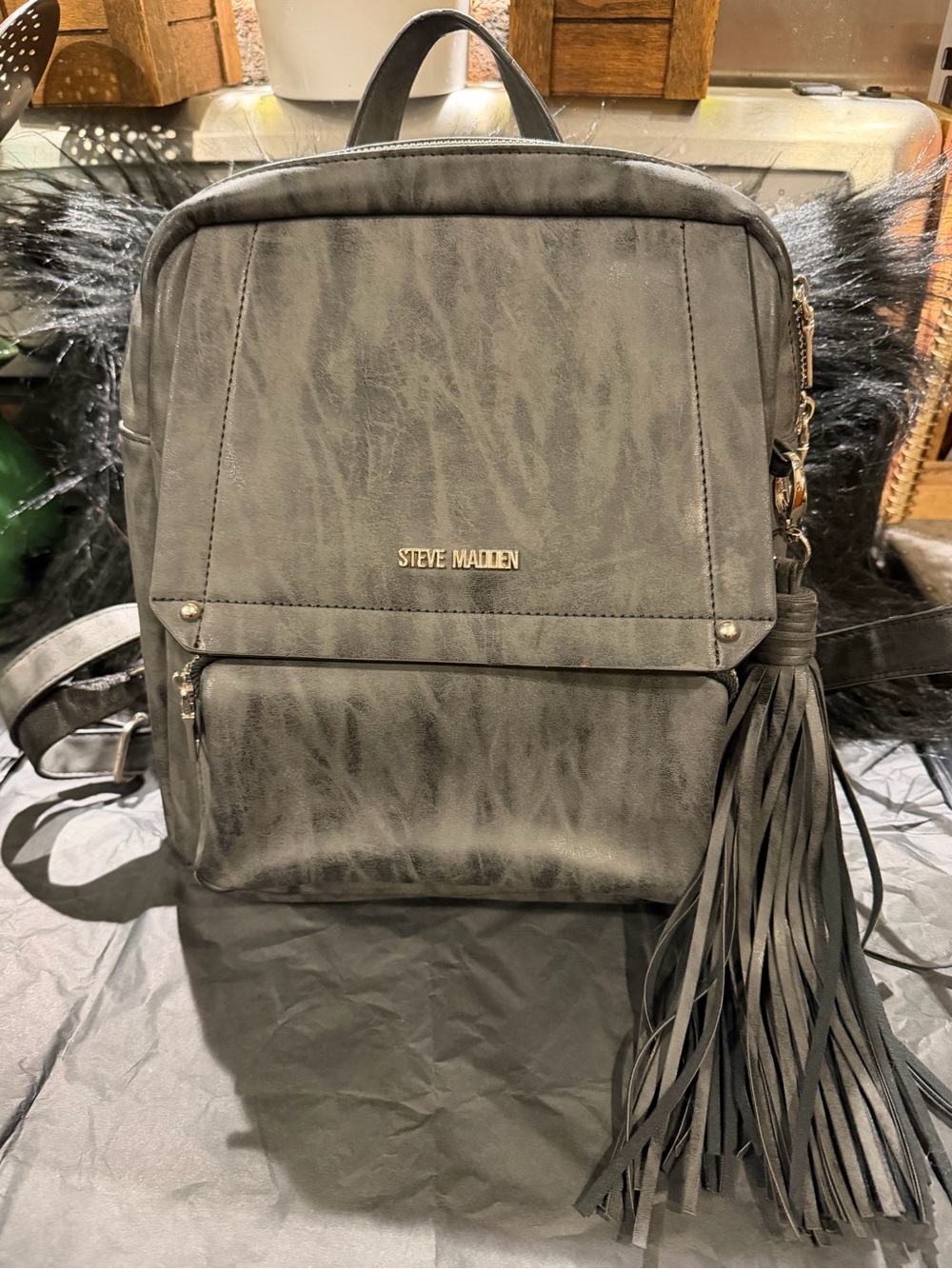 Steve Madden Black Faux-Leather Backpack with Tassel Detail